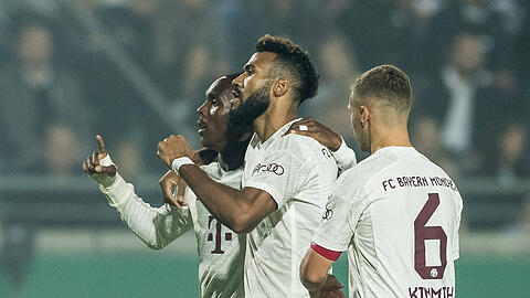 Trugen sich gegen Preußen Münster erneut in die Torschützenliste des FC Bayern ein: Eric Maxim Choupo-Moting (mi.) und Mathys Tel (li.).